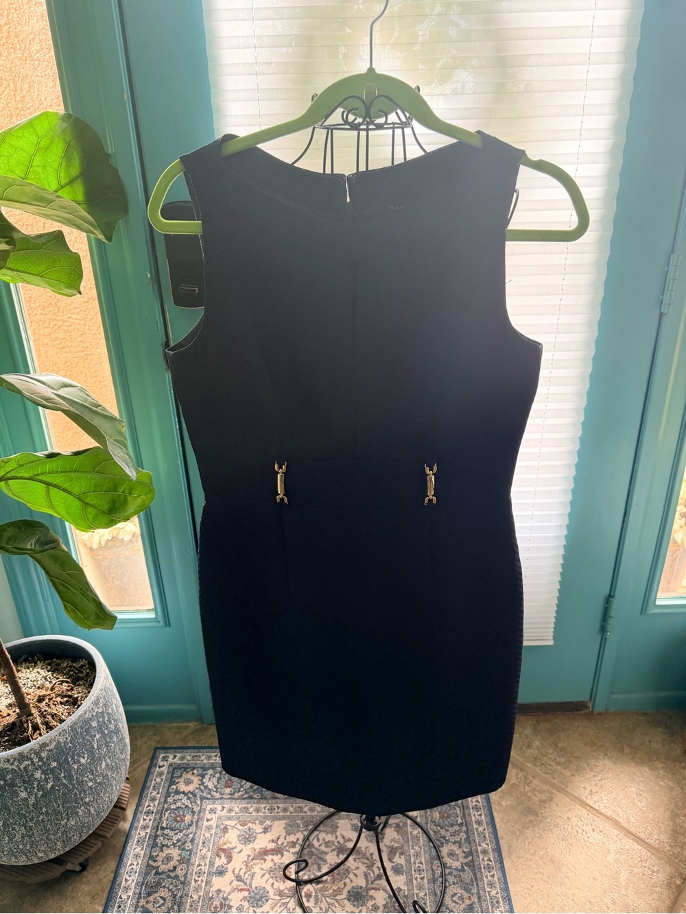 Women's Black Sleeveless Sheath Dress with Gold Hardware